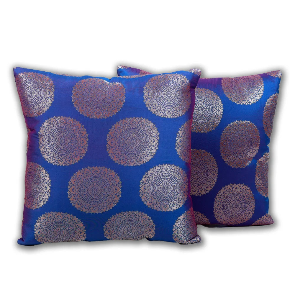 BYFT Orchard Cushion Cover 40 x 40 cm (Golden Brocade Nick Blue) 16 x 16 inch Luxury Decorative Cushion Cover for Sofa, Bed & Living Room - Set of 02