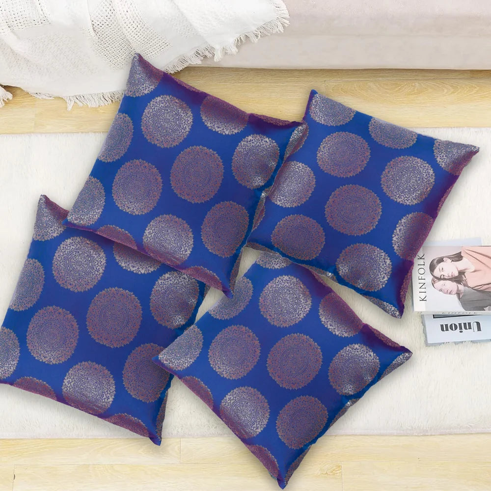 BYFT Orchard Cushion Cover 40 x 40 cm (Golden Brocade Nick Blue) 16 x 16 inch Luxury Decorative Cushion Cover for Sofa, Bed & Living Room - Set of 02