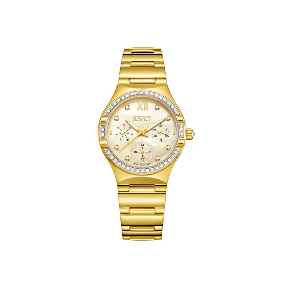 ecstacy-women's-6p29-movement-watch-multi-function-display-and-stainless-steel-strap-e23608-gbgmc-gold