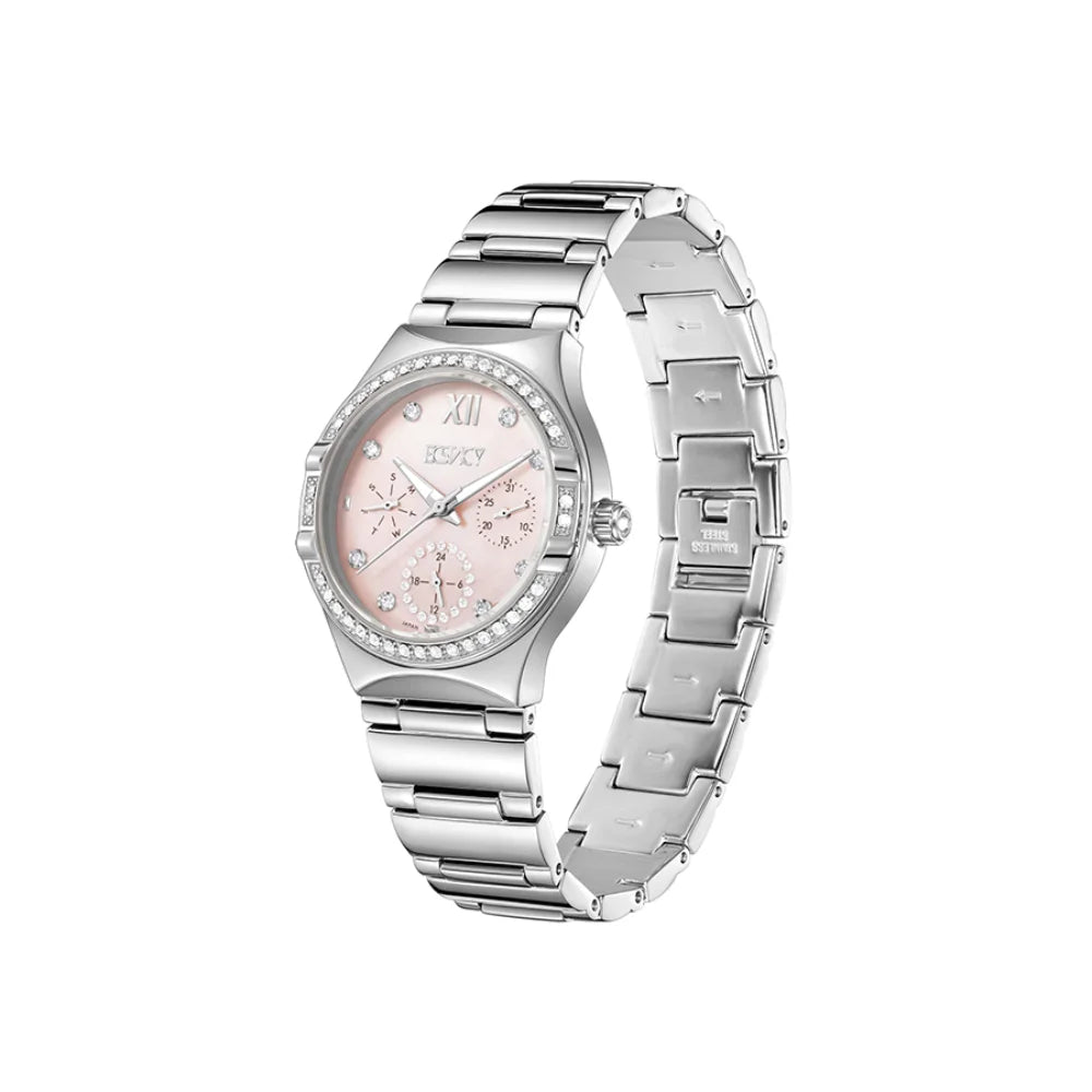 ecstacy-women's-6p29-movement-watch-multi-function-display-and-stainless-steel-strap-e23608-sbsmp-silver