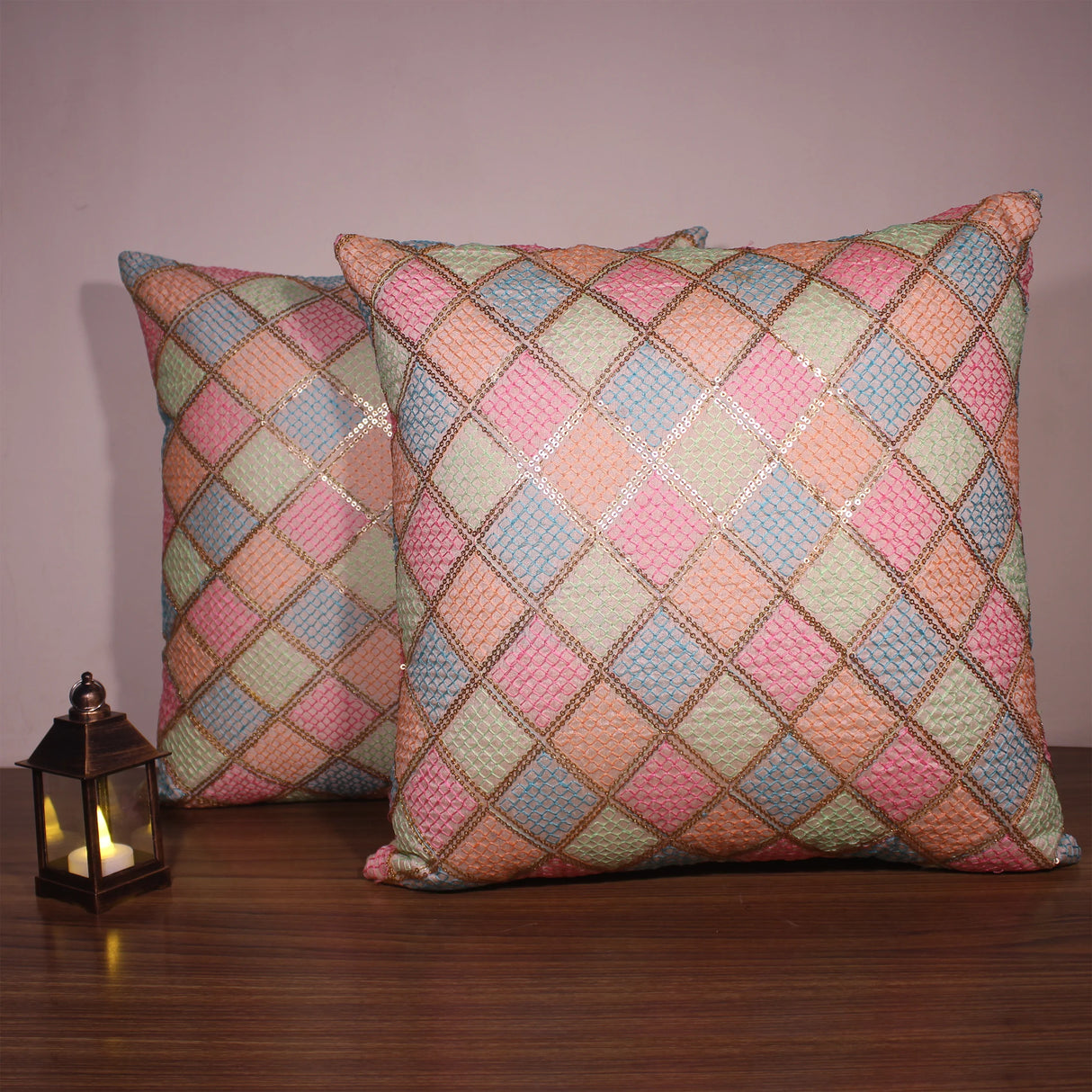 غطاء وسادة BYFT Orchard مقاس 16 × 16 بوصة (تصميم مربعات قطرية - كريمي) 40 × 40 سم غطاء وسادة مزخرف فاخر للأريكة والسرير وغرفة المعيشة - مجموعة من 02