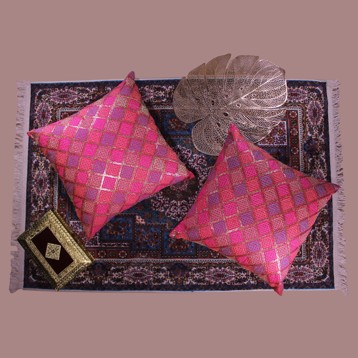 BYFT Orchard Cushion Cover 18 x 18 inch (Diagonal Checks Design - Fuchsia Pink) 45 x 45 cm Luxury Decorative Cushion Cover for Sofa, Bed & Living Room - Set of 02
