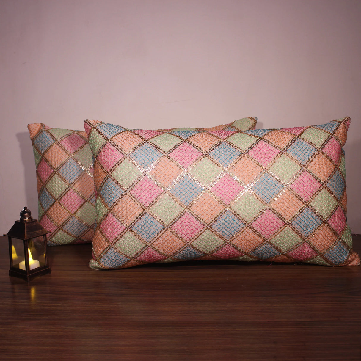 غطاء وسادة BYFT Orchard مقاس 12 × 20 بوصة (تصميم مربعات قطرية - كريمي) غطاء وسادة مزخرف فاخر للأريكة والسرير وغرفة المعيشة - مجموعة من قطعتين