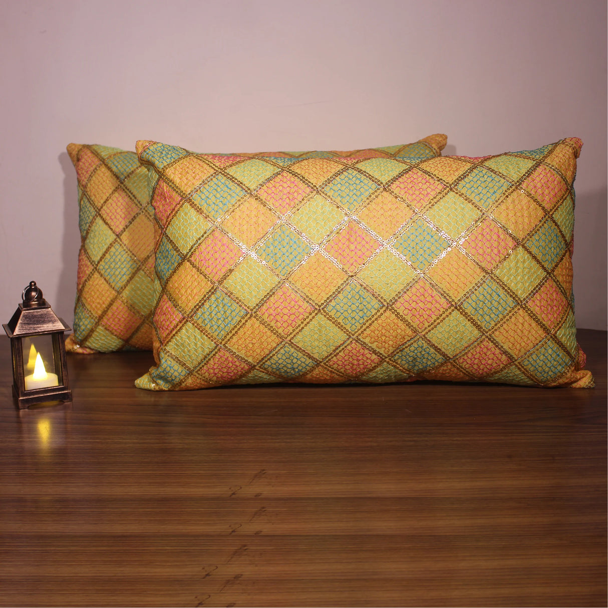 غطاء وسادة BYFT Orchard مقاس 12 × 20 بوصة (تصميم مربعات قطرية - أصفر) غطاء وسادة مزخرف فاخر للأريكة والسرير وغرفة المعيشة - مجموعة من قطعتين