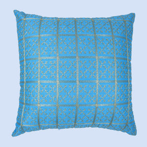 BYFT Orchard Cushion Cover 16 x 16 inch (Golden Checks Design - Blue) 40 x 40 cm Luxury Decorative Cushion Cover for Sofa, Bed & Living Room - Set of 02