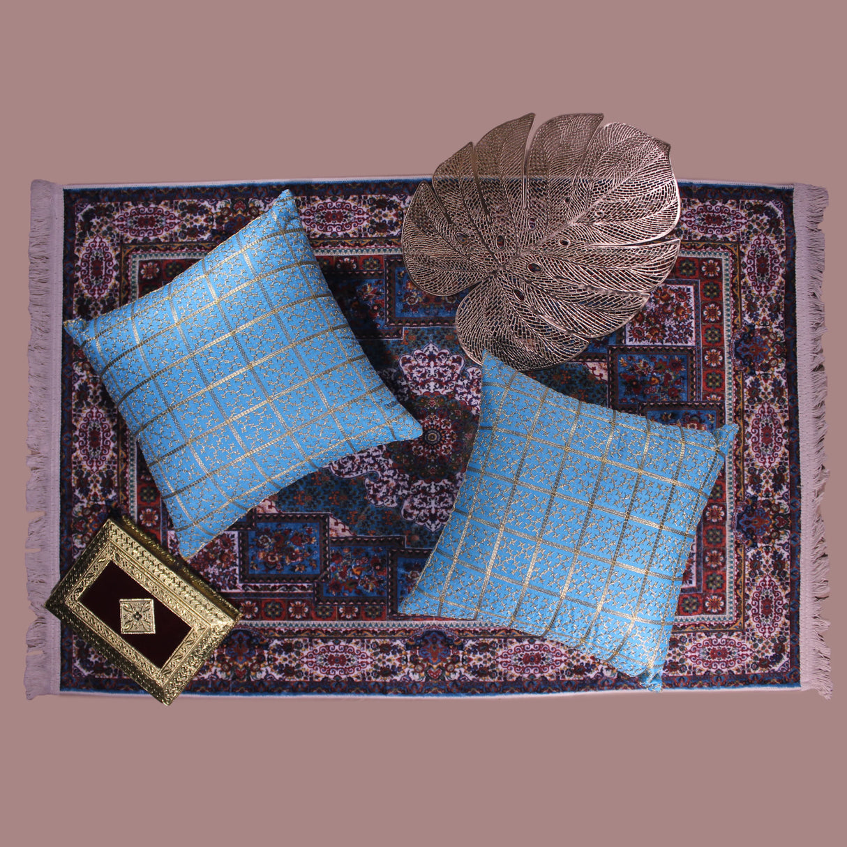 غطاء وسادة BYFT Orchard مقاس 16 × 16 بوصة (تصميم مربعات ذهبية - أزرق) 40 × 40 سم غطاء وسادة مزخرف فاخر للأريكة والسرير وغرفة المعيشة - مجموعة من 02