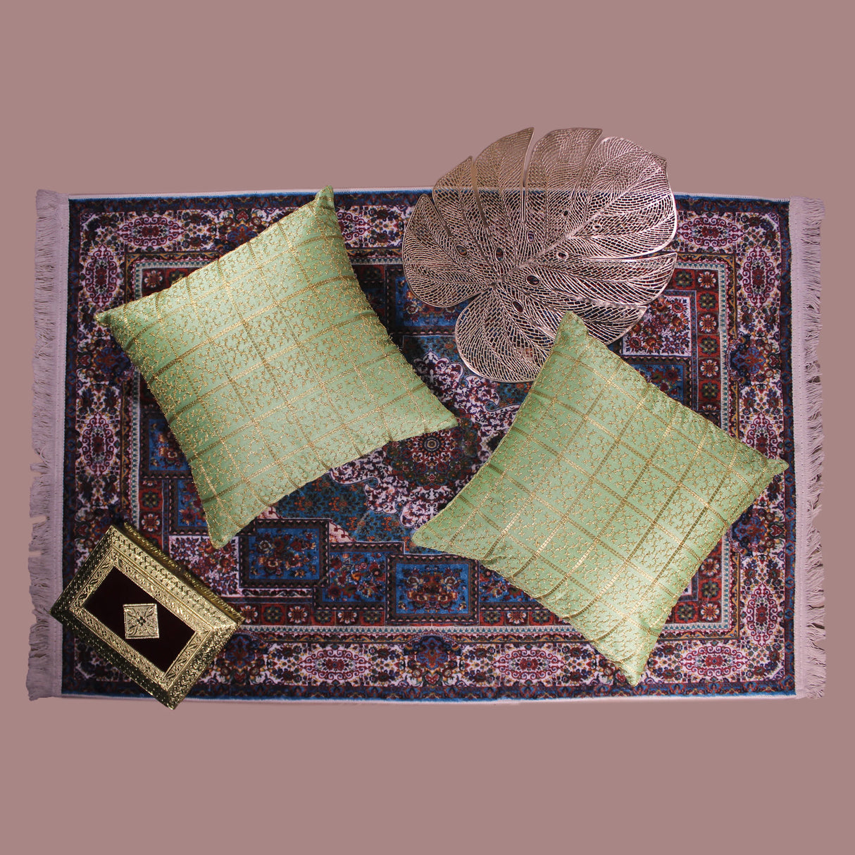 BYFT Orchard Cushion Cover 16 x 16 inch (Golden Checks Design - Green) 40 x 40 cm Luxury Decorative Cushion Cover for Sofa, Bed & Living Room - Set of 02