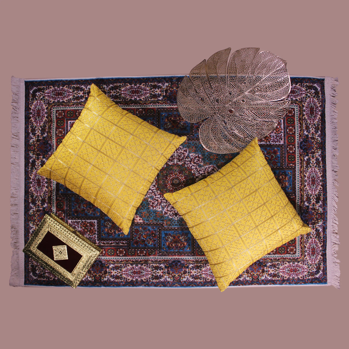 BYFT Orchard Cushion Cover 16 x 16 inch (Golden Checks Design - Yellow) 40 x 40 cm Luxury Decorative Cushion Cover for Sofa, Bed & Living Room - Set of 02