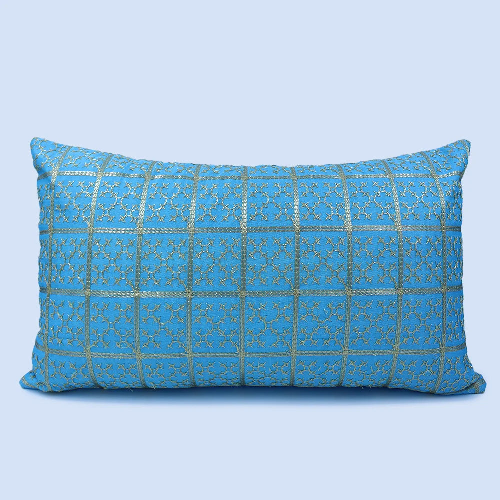 غطاء وسادة BYFT Orchard مقاس 12 × 20 بوصة (تصميم مربعات ذهبية - أزرق) غطاء وسادة مزخرف فاخر للأريكة والسرير وغرفة المعيشة - مجموعة من قطعتين