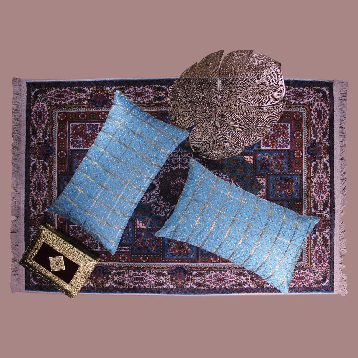 غطاء وسادة BYFT Orchard مقاس 12 × 20 بوصة (تصميم مربعات ذهبية - أزرق) غطاء وسادة مزخرف فاخر للأريكة والسرير وغرفة المعيشة - مجموعة من قطعتين