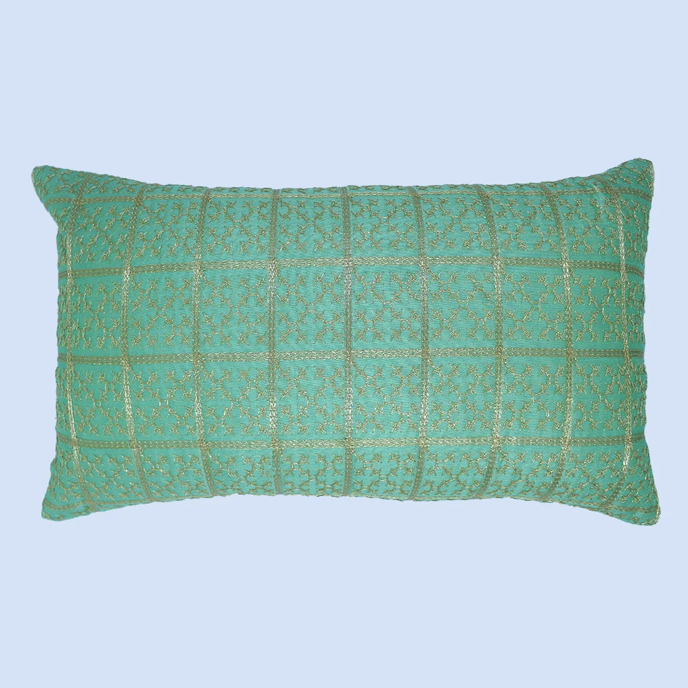 BYFT Orchard Cushion Cover 12 x 20 inch (Golden Checks Design - Green) 30 x 50 cm Luxury Decorative Cushion Cover for Sofa, Bed & Living Room - Set of 02