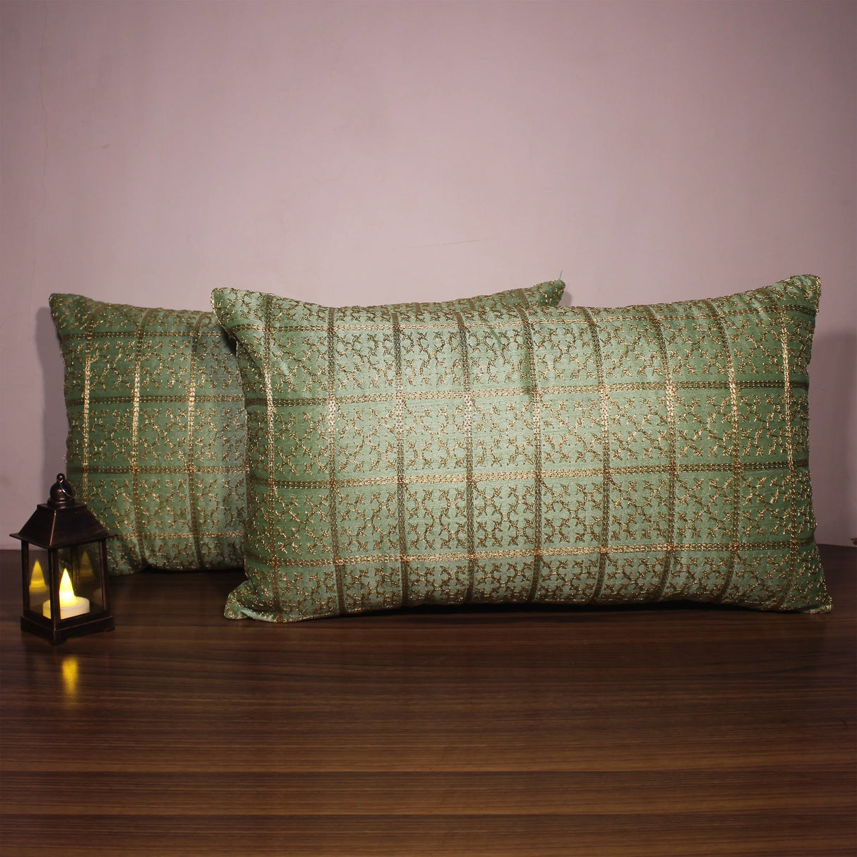 BYFT Orchard Cushion Cover 12 x 20 inch (Golden Checks Design - Green) 30 x 50 cm Luxury Decorative Cushion Cover for Sofa, Bed & Living Room - Set of 02