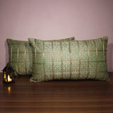 BYFT Orchard Cushion Cover 12 x 20 inch (Golden Checks Design - Green) 30 x 50 cm Luxury Decorative Cushion Cover for Sofa, Bed & Living Room - Set of 02