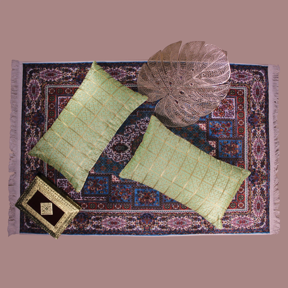 BYFT Orchard Cushion Cover 12 x 20 inch (Golden Checks Design - Green) 30 x 50 cm Luxury Decorative Cushion Cover for Sofa, Bed & Living Room - Set of 02