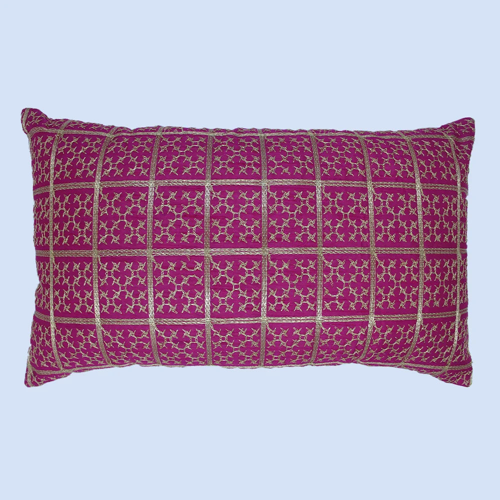 غطاء وسادة BYFT Orchard مقاس 12 × 20 بوصة (تصميم مربعات ذهبية - وردي فوشيا) غطاء وسادة مزخرف فاخر للأريكة والسرير وغرفة المعيشة - مجموعة من قطعتين