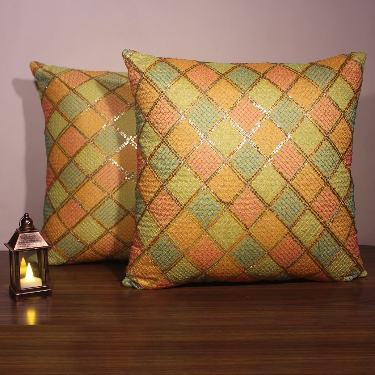 غطاء وسادة BYFT Orchard مقاس 16 × 16 بوصة (تصميم مربعات قطرية - أصفر) 40 × 40 سم غطاء وسادة مزخرف فاخر للأريكة والسرير وغرفة المعيشة - مجموعة من 02