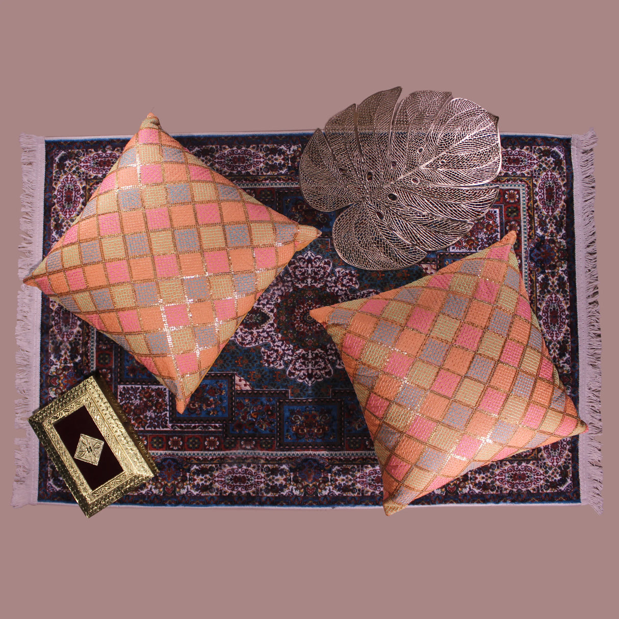 BYFT Orchard Cushion Cover 18 x 18 inch (Diagonal Checks Design - Peach) 45 x 45 cm Luxury Decorative Cushion Cover for Sofa, Bed & Living Room - Set of 02