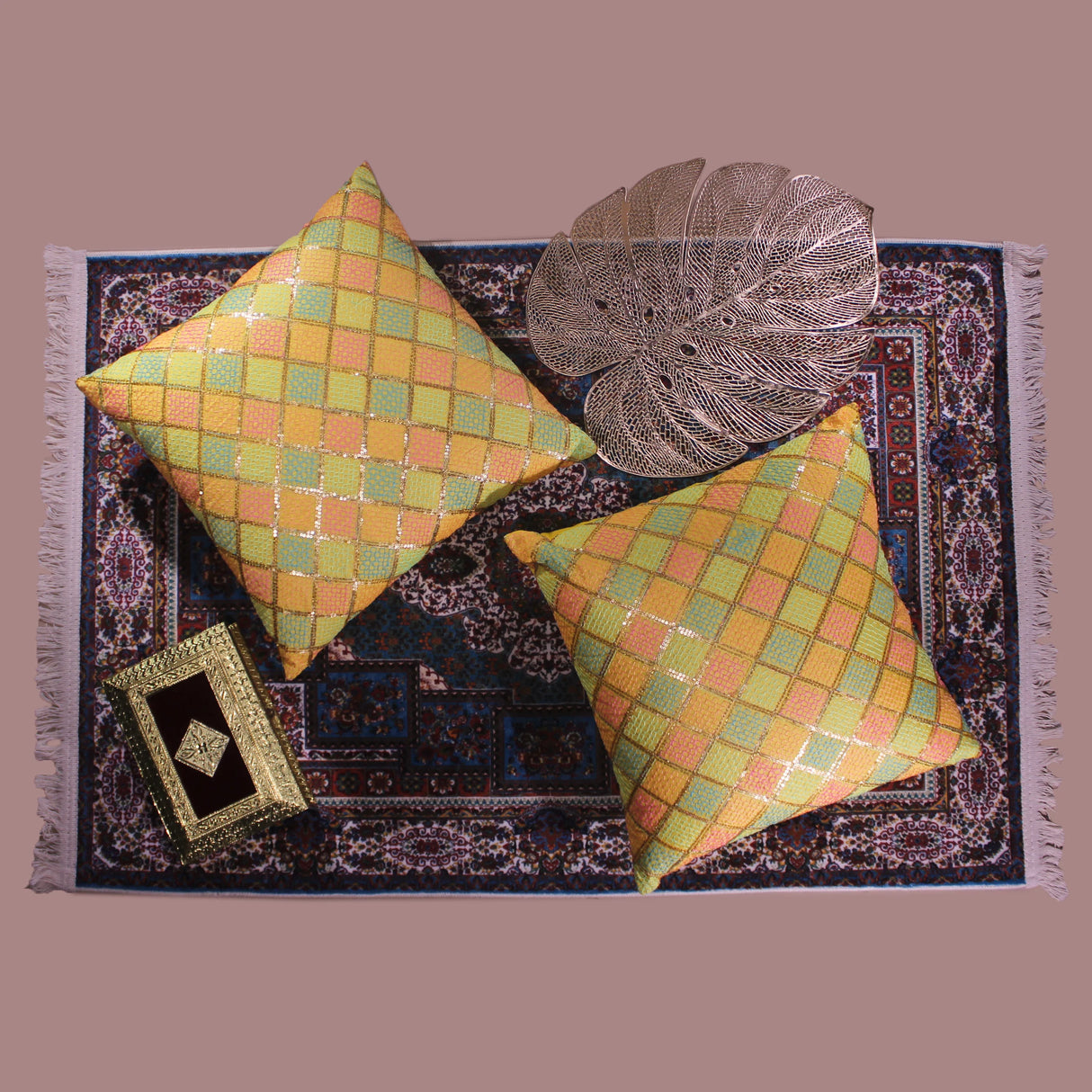 BYFT Orchard Cushion Cover 18 x 18 inch (Diagonal Checks Design - Yellow) 45 x 45 cm Luxury Decorative Cushion Cover for Sofa, Bed & Living Room - Set of 02