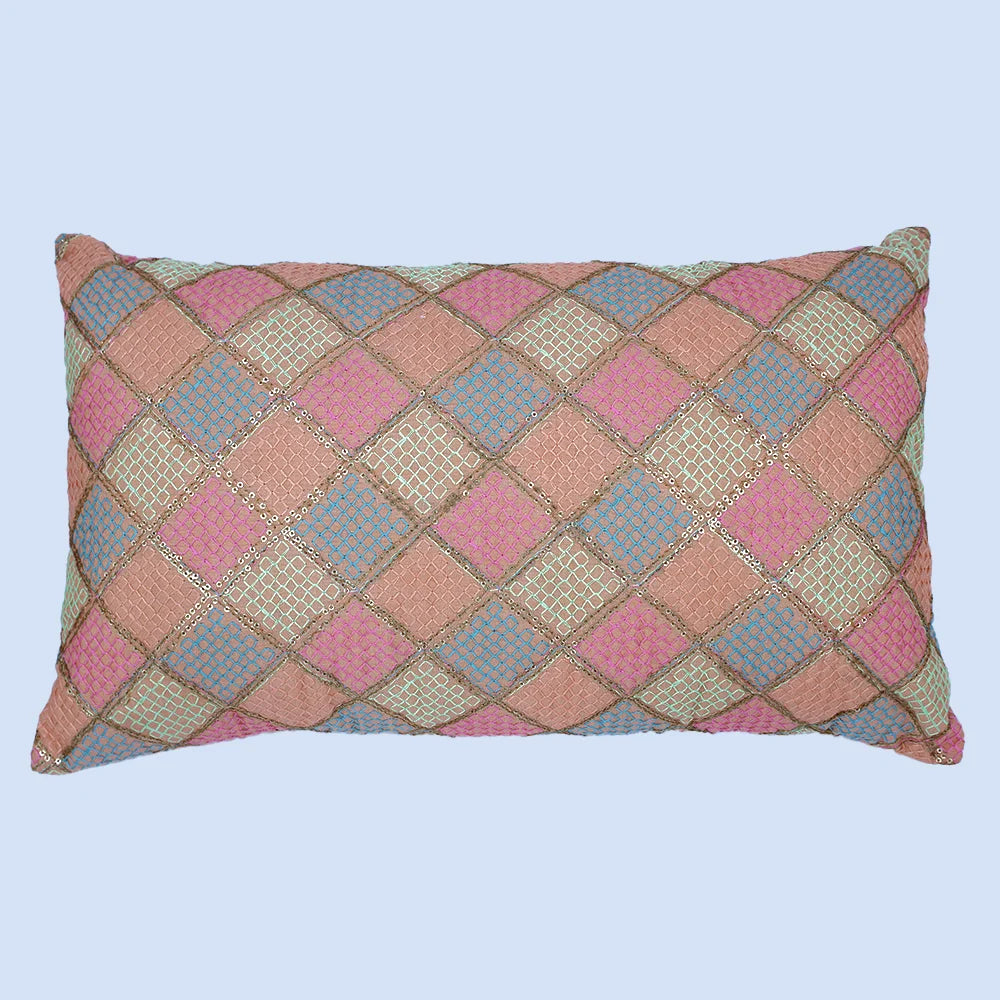غطاء وسادة BYFT Orchard مقاس 12 × 20 بوصة (تصميم مربعات قطرية - لون خوخي) غطاء وسادة مزخرف فاخر للأريكة والسرير وغرفة المعيشة - مجموعة من قطعتين