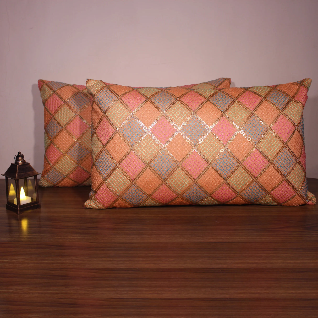 غطاء وسادة BYFT Orchard مقاس 12 × 20 بوصة (تصميم مربعات قطرية - لون خوخي) غطاء وسادة مزخرف فاخر للأريكة والسرير وغرفة المعيشة - مجموعة من قطعتين