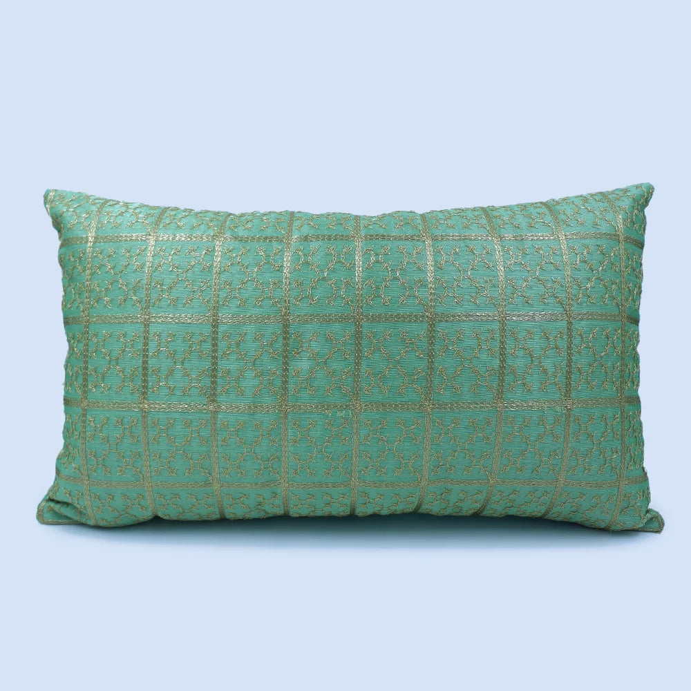 BYFT Orchard Cushion Cover 12 x 20 inch (Golden Checks Design - Green) 30 x 50 cm Luxury Decorative Cushion Cover for Sofa, Bed & Living Room - Set of 02