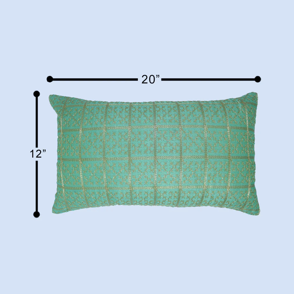 BYFT Orchard Cushion Cover 12 x 20 inch (Golden Checks Design - Green) 30 x 50 cm Luxury Decorative Cushion Cover for Sofa, Bed & Living Room - Set of 02