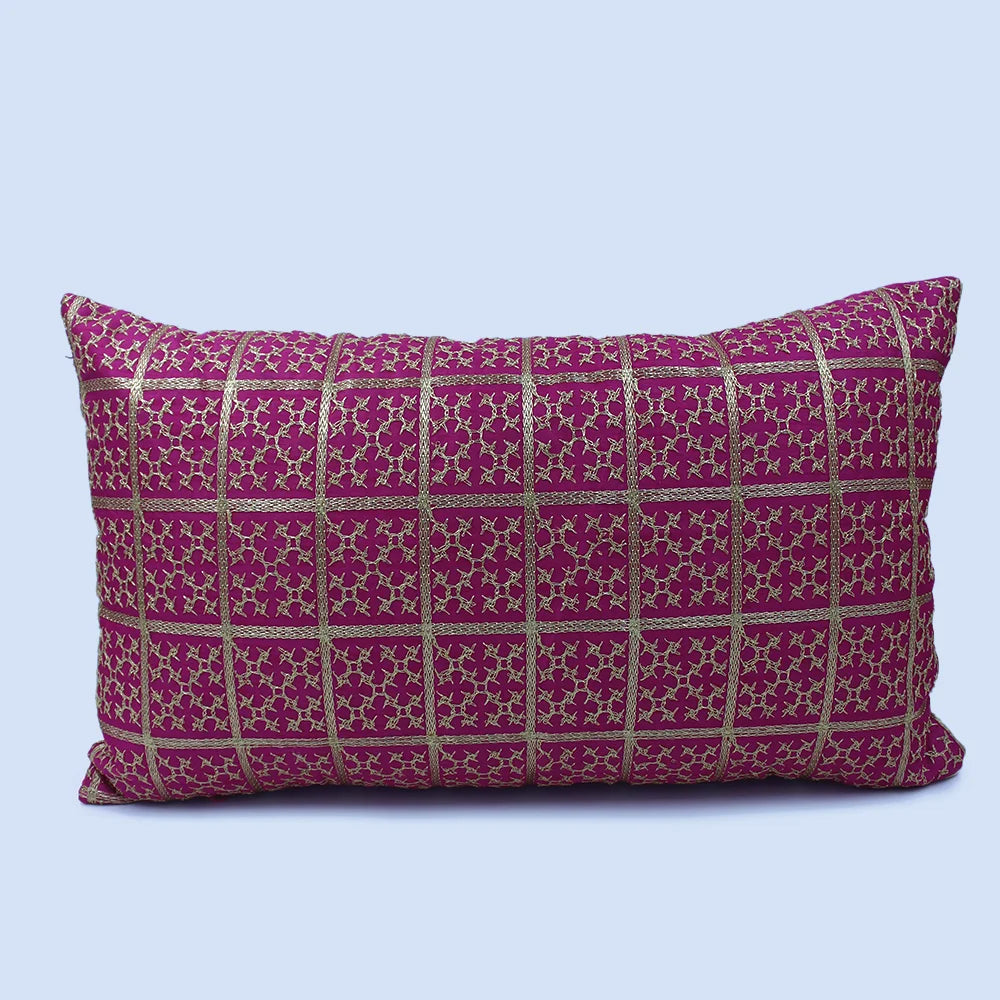 غطاء وسادة BYFT Orchard مقاس 12 × 20 بوصة (تصميم مربعات ذهبية - وردي فوشيا) غطاء وسادة مزخرف فاخر للأريكة والسرير وغرفة المعيشة - مجموعة من قطعتين