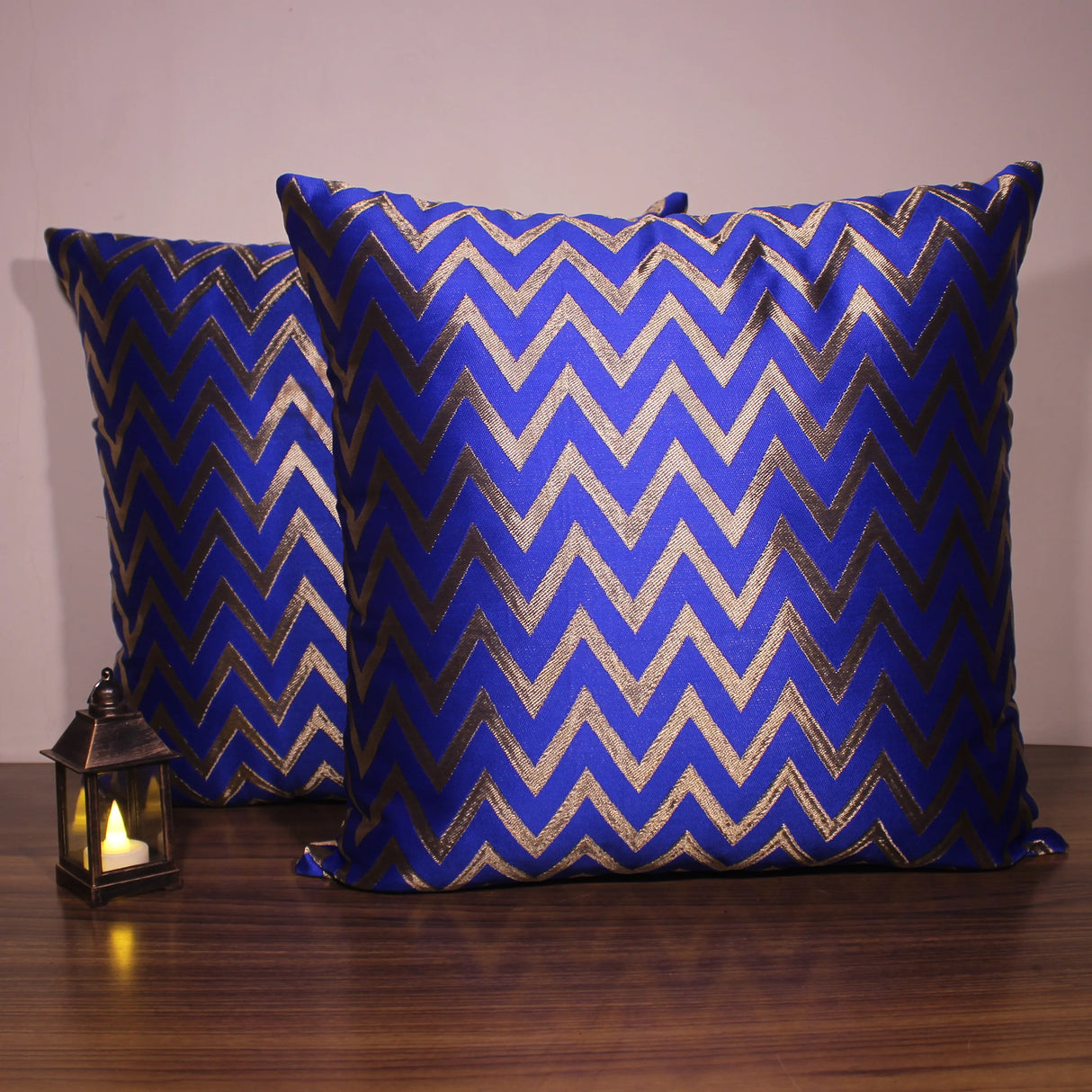 BYFT Orchard Cushion Cover 18 x 18 inch (Zig Zag Design - Royal Blue) 45 x 45 cm Luxury Decorative Cushion Cover for Sofa, Bed & Living Room - Set of 02