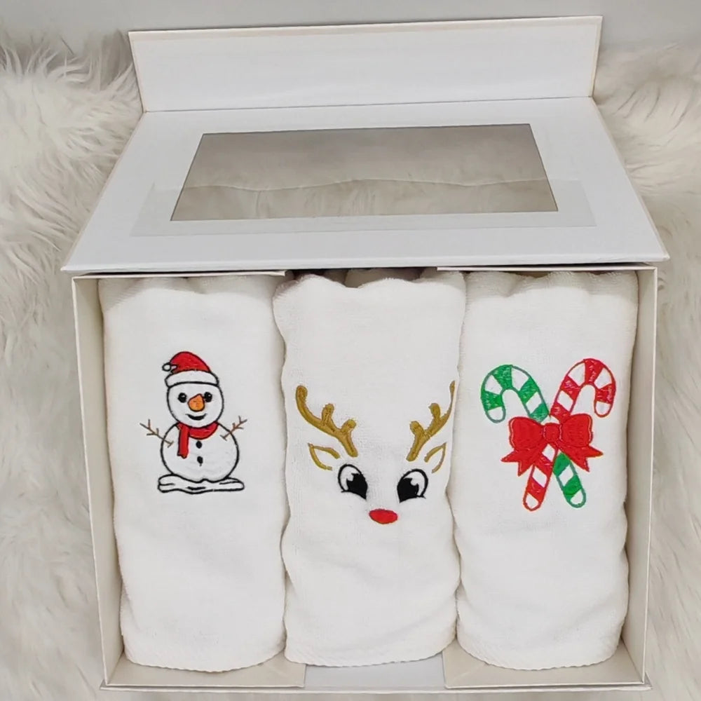 BYFT Embroidered For You Personalised Cotton Hand Towel 50 x 80 Cm - Christmas Trio Set (Snowman, Reindeer Face & Candy Canes with Bow) Design High Quality Embroidery Perfect For Gifting