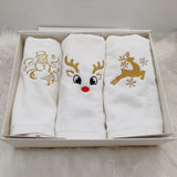 BYFT Embroidered For You Personalised Cotton Hand Towel 50 x 80 Cm - Christmas Trio Set (Snowman, Reindeer Face & Leaping Reindeer with Snowflakes) Design High Quality Embroidery Perfect For Gifting