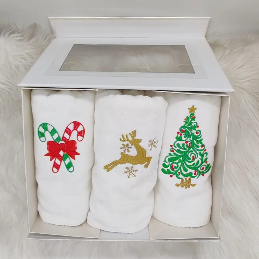 BYFT Embroidered For You Personalised Cotton Hand Towel 50 x 80 Cm - Christmas Trio Set (Christmas Tree, Leaping Reindeer with Snowflakes, Candy Canes with Bow) Design High Quality Embroidery Perfect For Gifting