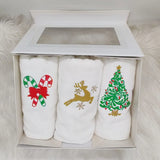 BYFT Embroidered For You Personalised Cotton Hand Towel 50 x 80 Cm - Christmas Trio Set (Christmas Tree, Leaping Reindeer with Snowflakes, Candy Canes with Bow) Design High Quality Embroidery Perfect For Gifting