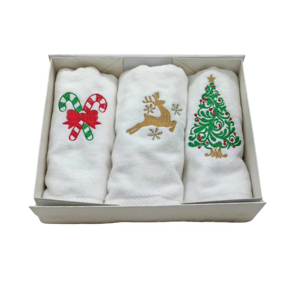 BYFT Embroidered For You Personalised Cotton Hand Towel 50 x 80 Cm - Christmas Trio Set (Christmas Tree, Leaping Reindeer with Snowflakes, Candy Canes with Bow) Design High Quality Embroidery Perfect For Gifting