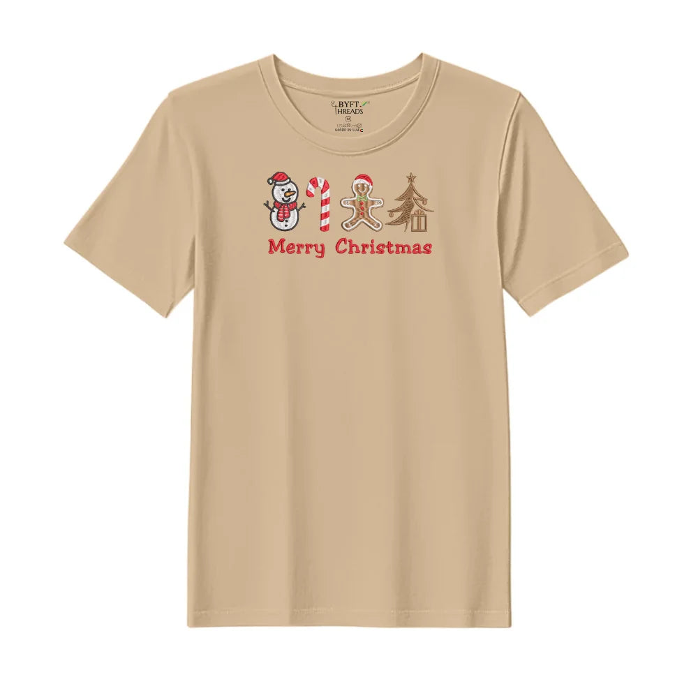 BYFT Threads Embroidered For You Christmas - Merry Christmas Icons (Snowman + Candy Cane + Gingerbread + Tree) Designed T-Shirts
