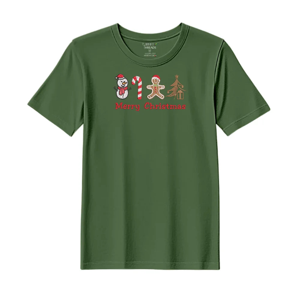 BYFT Threads Embroidered For You Christmas - Merry Christmas Icons (Snowman + Candy Cane + Gingerbread + Tree) Designed T-Shirts