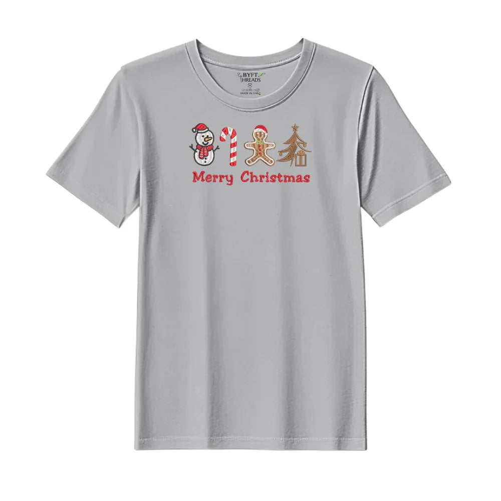 BYFT Threads Embroidered For You Christmas - Merry Christmas Icons (Snowman + Candy Cane + Gingerbread + Tree) Designed T-Shirts