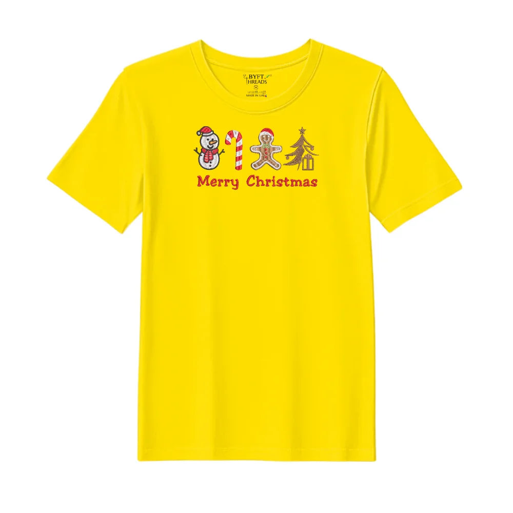 BYFT Threads Embroidered For You Christmas - Merry Christmas Icons (Snowman + Candy Cane + Gingerbread + Tree) Designed T-Shirts