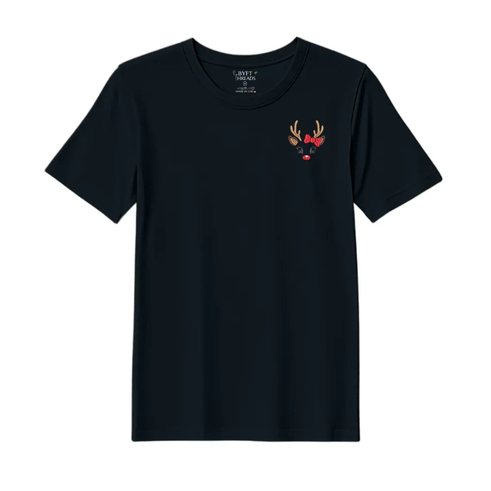 BYFT Threads Embroidered For You Christmas - Reindeer Face with Bow Designed T-Shirts