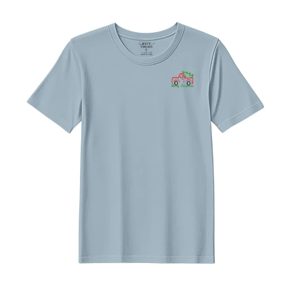BYFT Threads Embroidered For You Christmas - Vintage Christmas Truck with Tree Designed T-Shirts