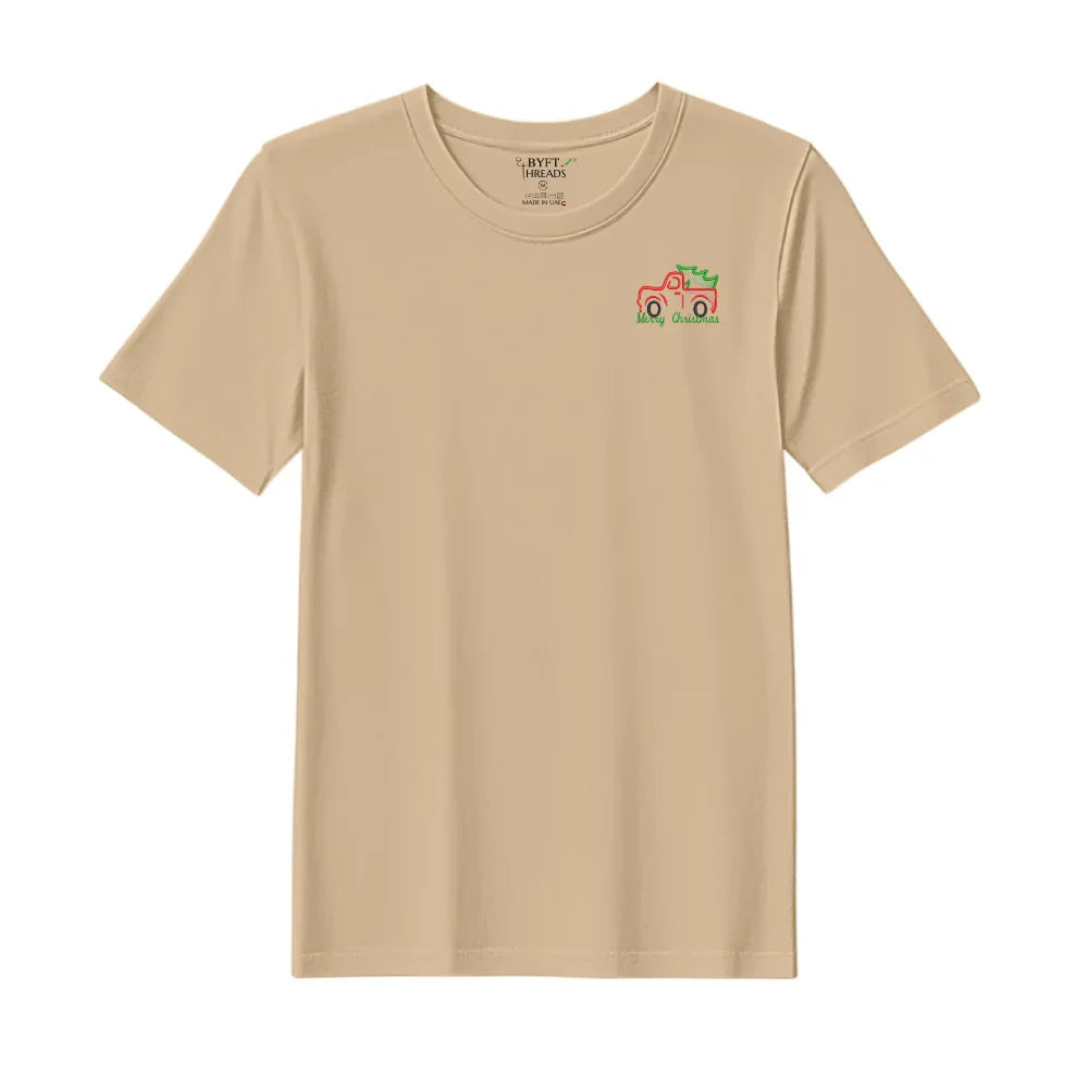 BYFT Threads Embroidered For You Christmas - Vintage Christmas Truck with Tree Designed T-Shirts