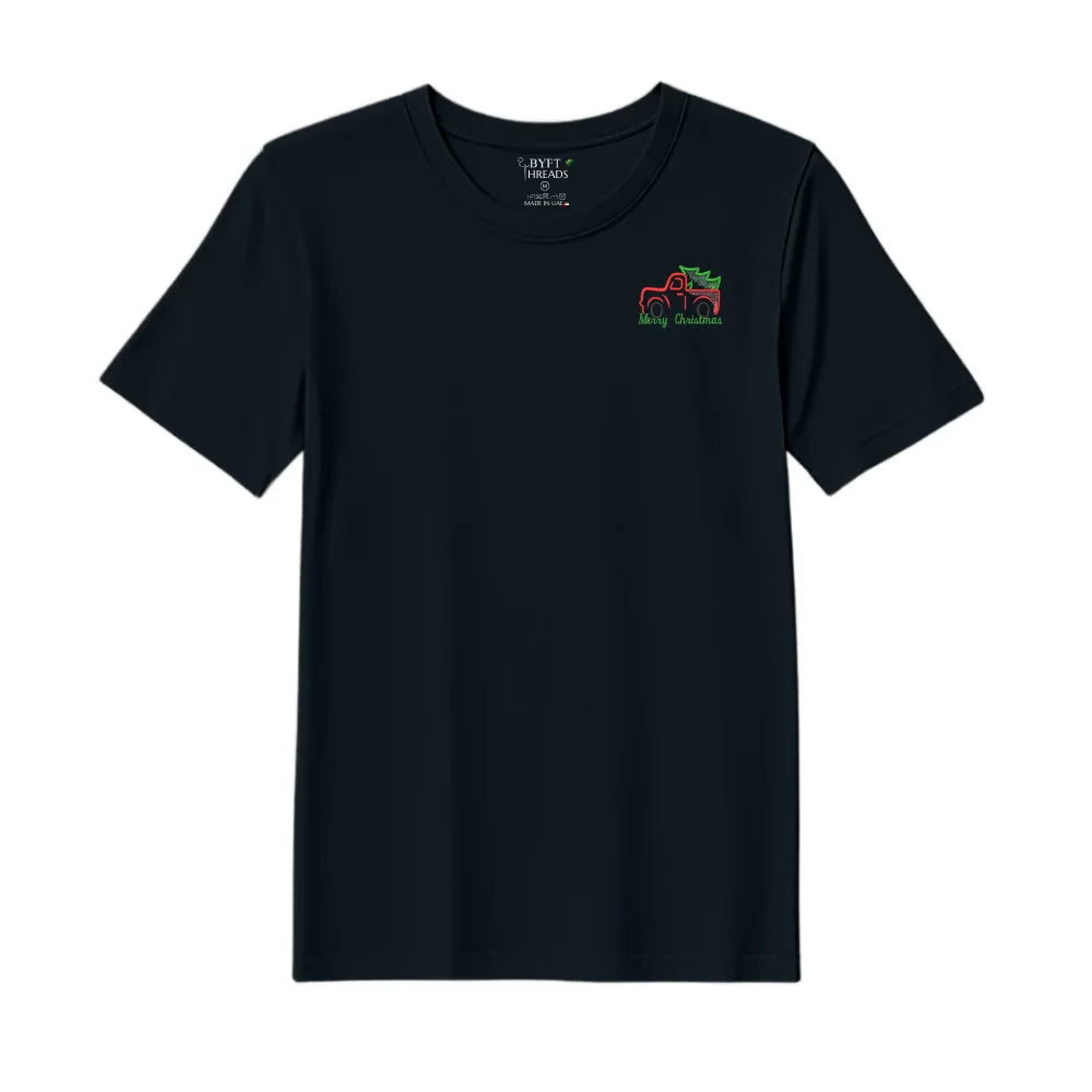 BYFT Threads Embroidered For You Christmas - Vintage Christmas Truck with Tree Designed T-Shirts