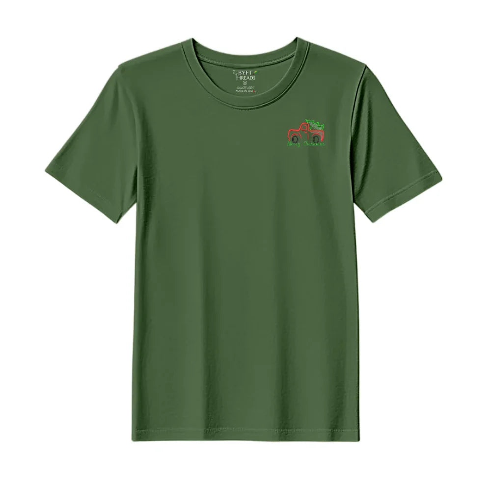 BYFT Threads Embroidered For You Christmas - Vintage Christmas Truck with Tree Designed T-Shirts