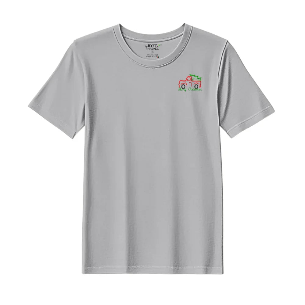 BYFT Threads Embroidered For You Christmas - Vintage Christmas Truck with Tree Designed T-Shirts