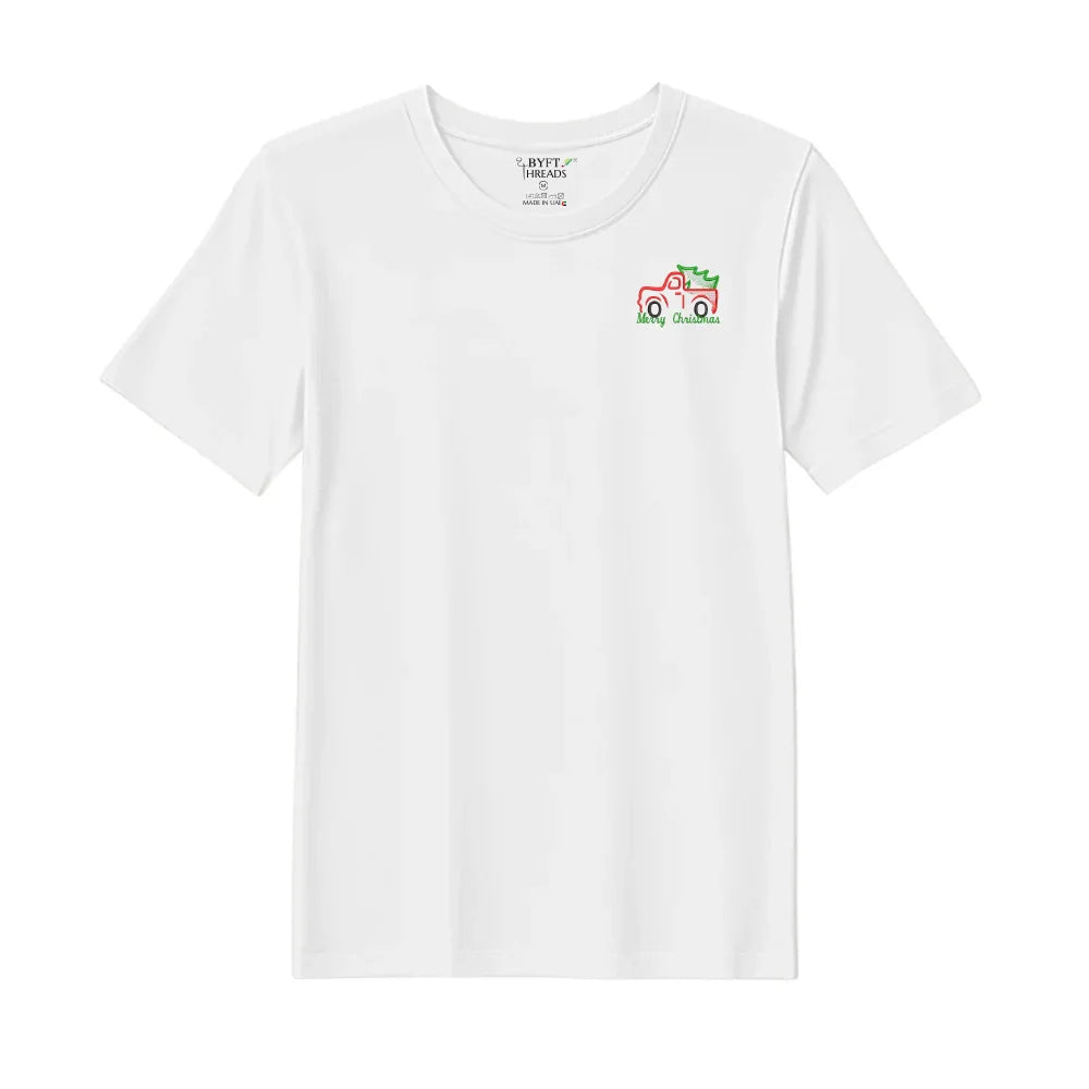 BYFT Threads Embroidered For You Christmas - Vintage Christmas Truck with Tree Designed T-Shirts