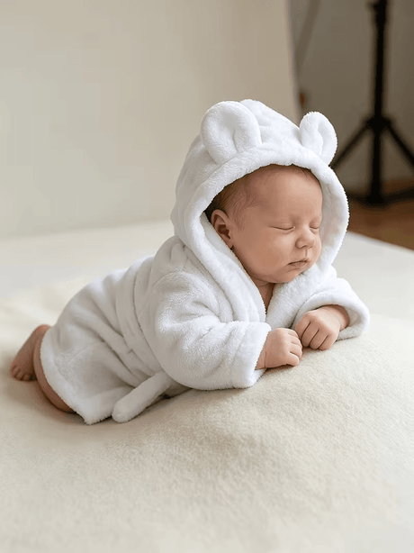BYFT Daffodil Bear Themed Baby Photography Set Coral Fleece Bathrobe with Hood Rabbit Ears + Waist-Cinching Belt