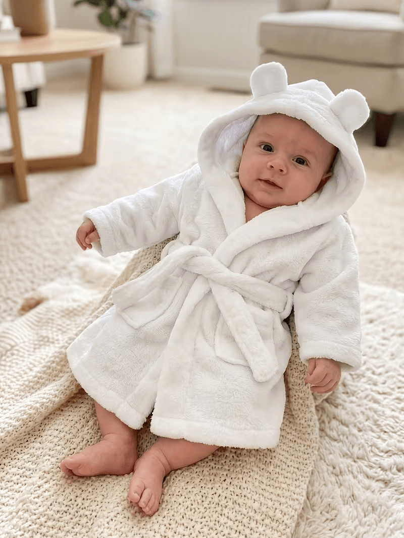 BYFT Daffodil Bear Themed Baby Photography Set Coral Fleece Bathrobe with Hood Rabbit Ears + Waist-Cinching Belt