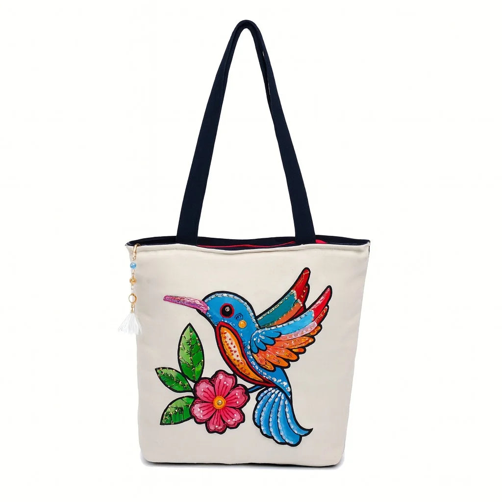 The Purani Jeans Artistic Bird & Floral Print Cotton Tote Bag | Eco-Friendly Reusable Shopping Bag