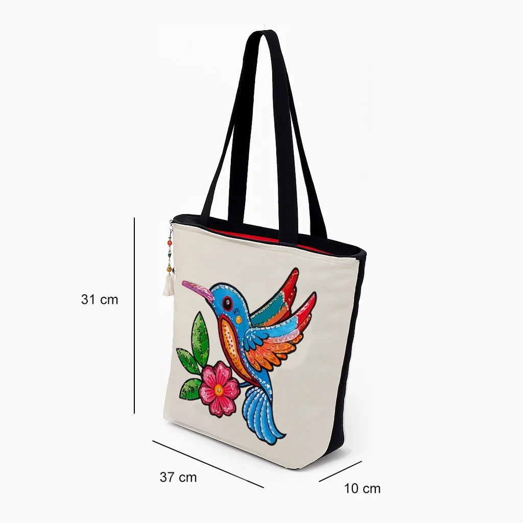 The Purani Jeans Artistic Bird & Floral Print Cotton Tote Bag | Eco-Friendly Reusable Shopping Bag