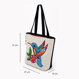 The Purani Jeans Artistic Bird & Floral Print Cotton Tote Bag | Eco-Friendly Reusable Shopping Bag