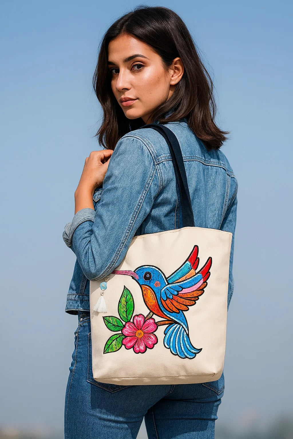 The Purani Jeans Artistic Bird & Floral Print Cotton Tote Bag | Eco-Friendly Reusable Shopping Bag